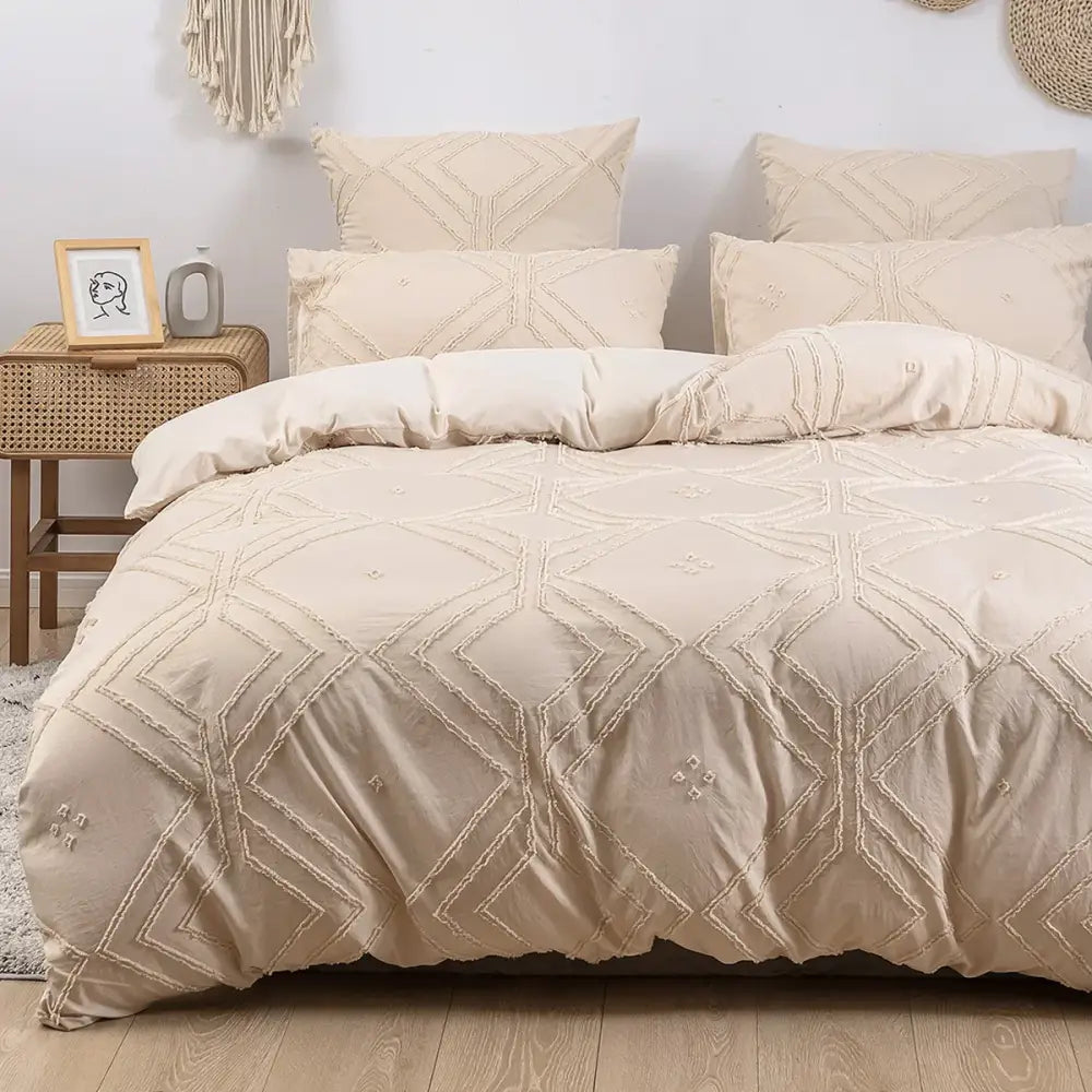Beige geometric quilted duvet cover set bedroom frayed texture