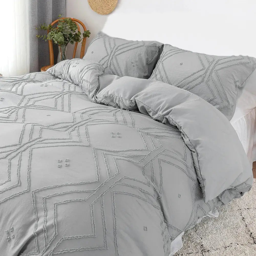 Beige geometric quilted duvet cover set bedroom frayed texture