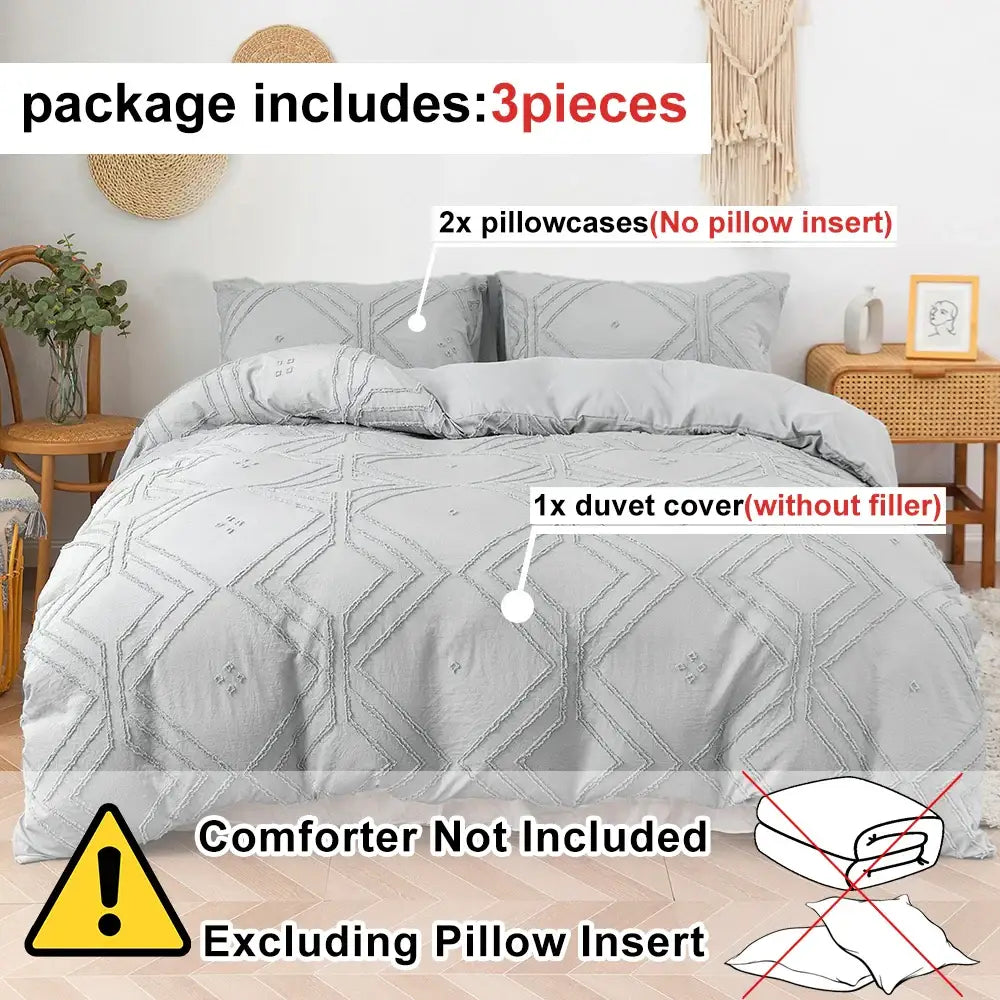 Beige quilted geometric duvet cover set bedroom frayed texture