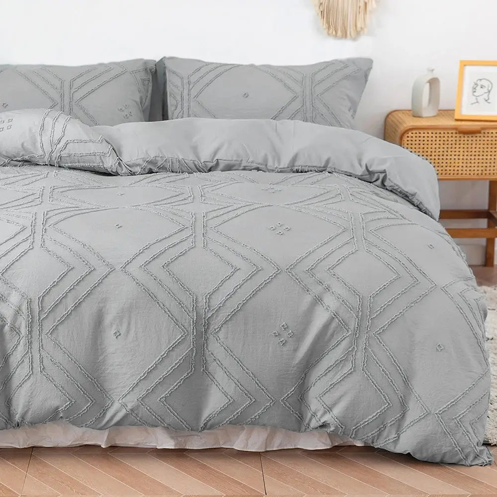 Beige quilted geometric duvet cover set bedroom frayed texture