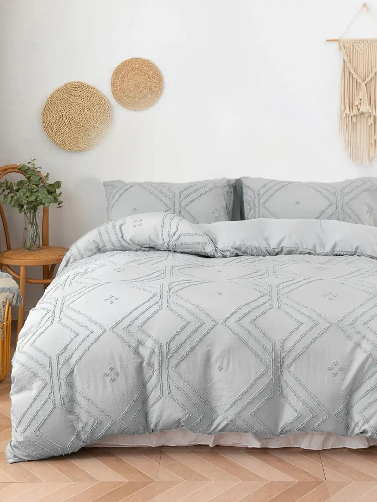 Beige quilted geometric duvet cover set bedroom frayed texture