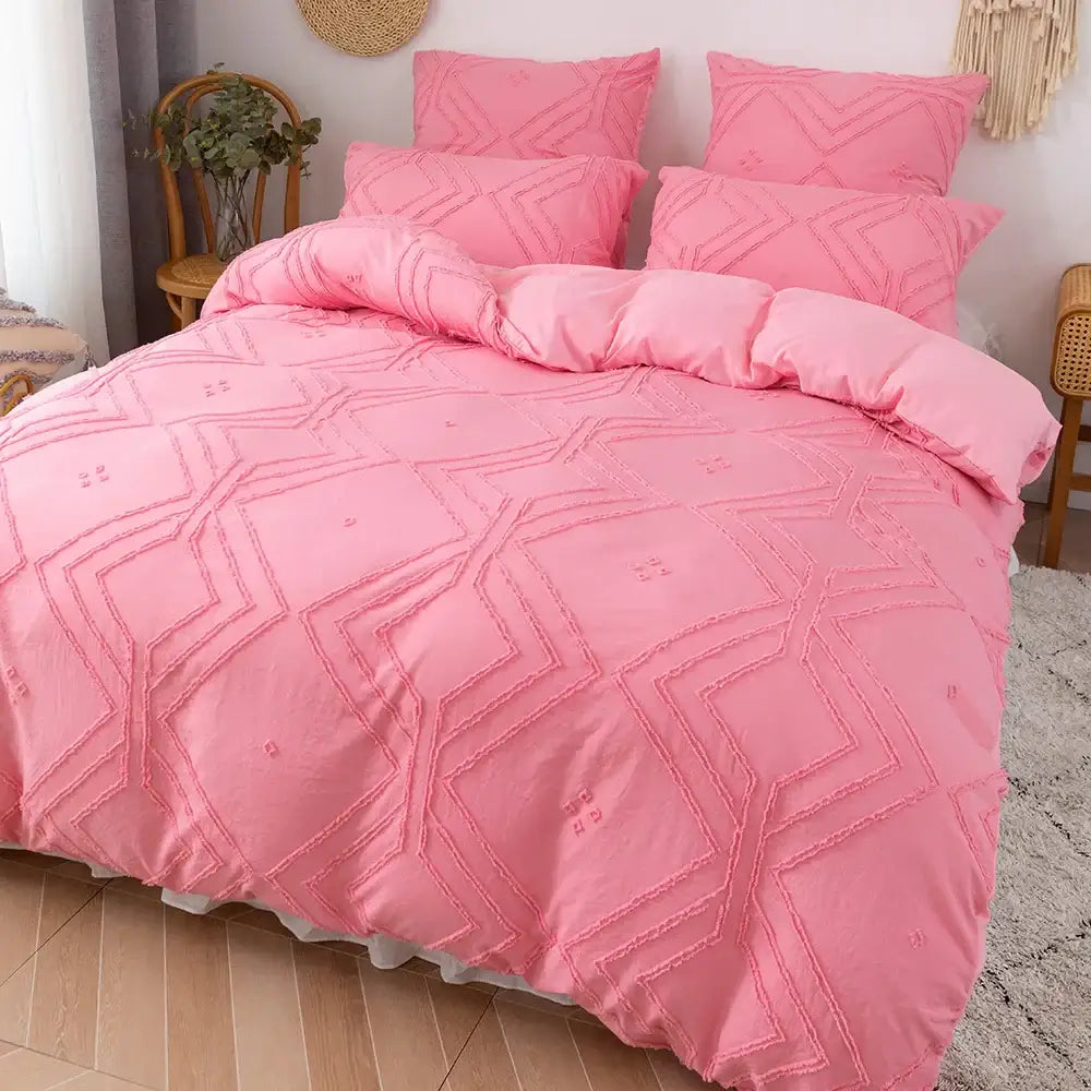 Beige geometric quilted duvet cover set bedroom frayed texture