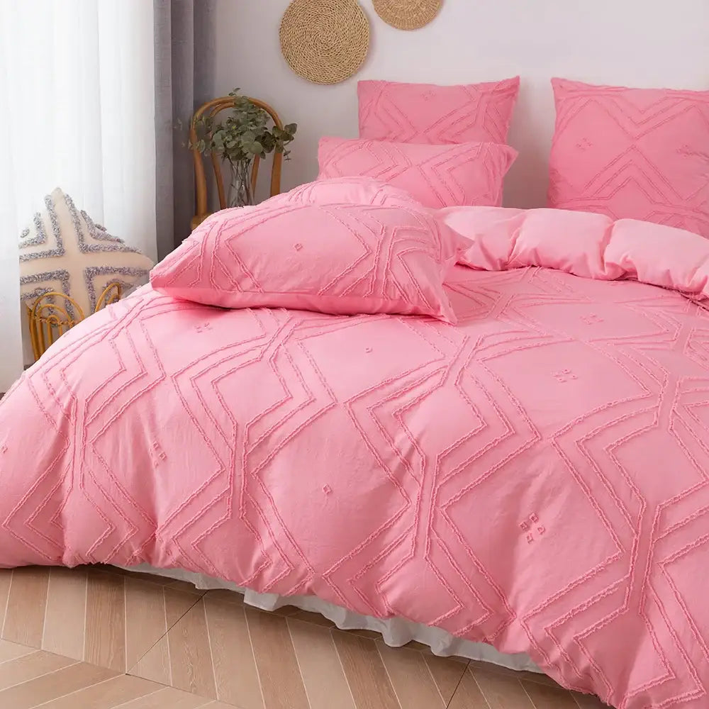 Beige geometric quilted duvet cover set bedroom frayed texture