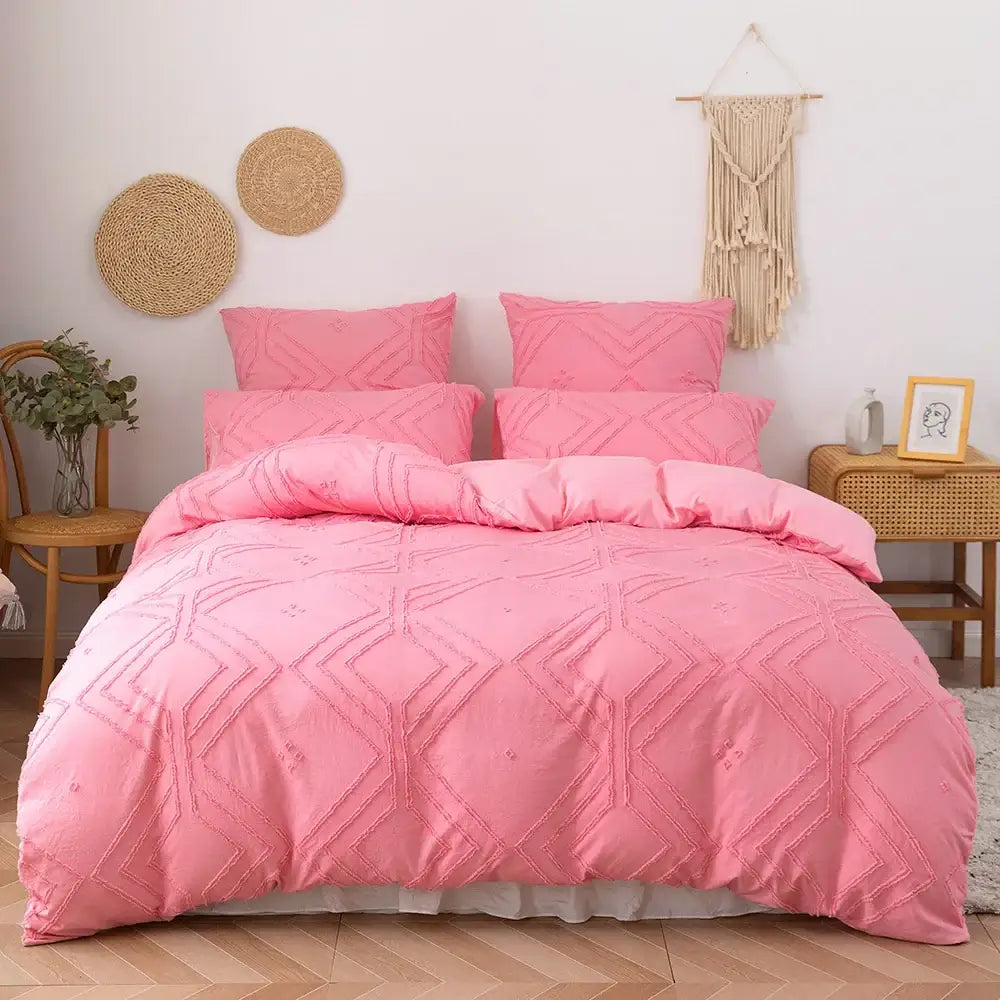Beige geometric quilted duvet cover set bedroom frayed texture