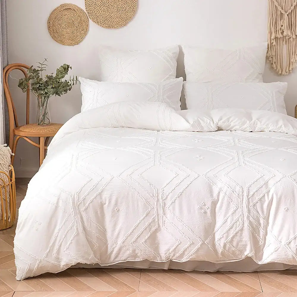 Beige quilted geometric duvet cover set bedroom frayed texture
