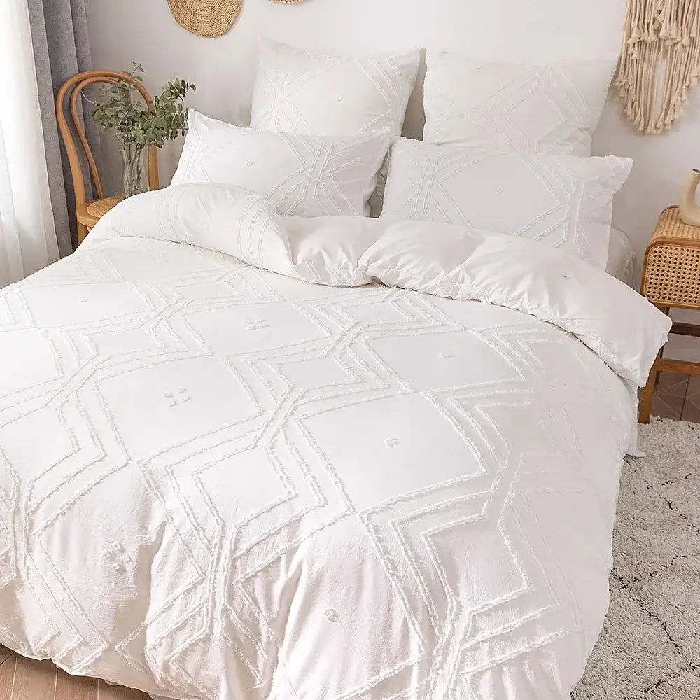 Beige geometric quilted duvet cover set bedroom frayed texture
