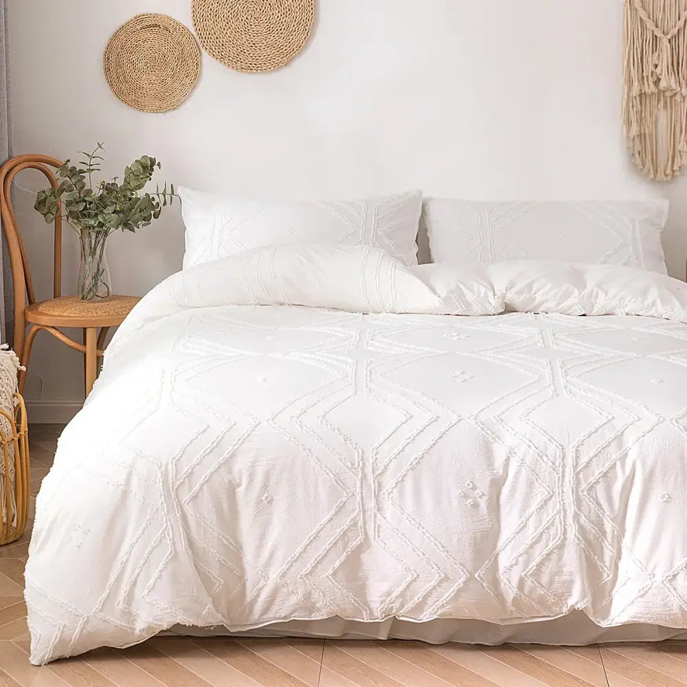 Beige geometric quilted duvet cover set bedroom frayed texture