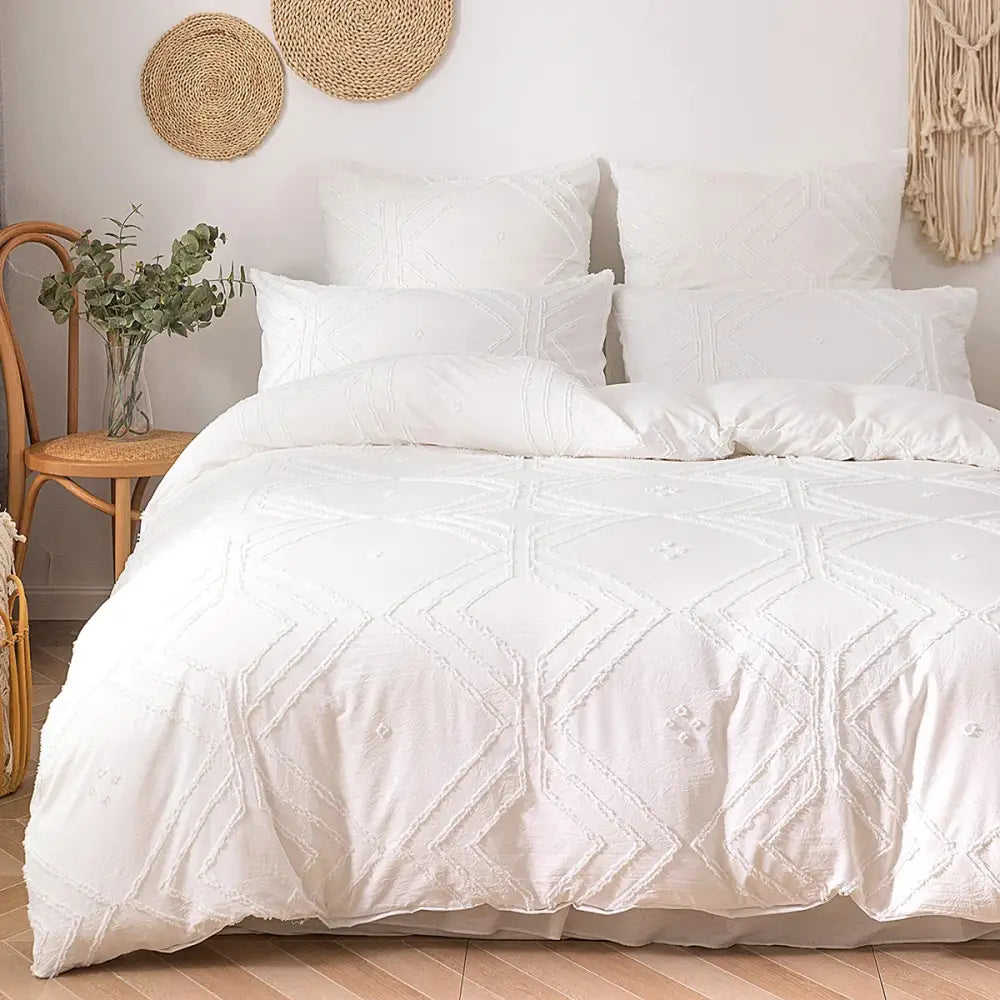Beige geometric quilted duvet cover set bedroom frayed texture