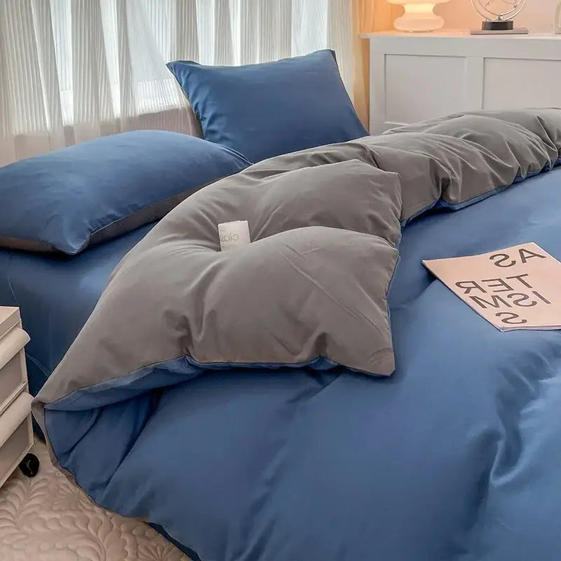 Navy and gray solid color brush fabric duvet cover set bedroom