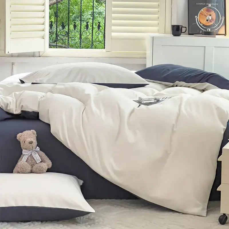 Navy and gray solid color brush fabric duvet cover set bedroom