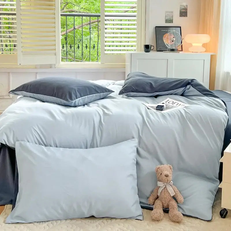Navy and gray solid color brush fabric duvet cover set bedroom