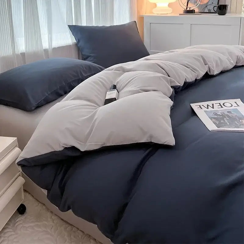 Navy and gray solid color brush fabric duvet cover set bedroom