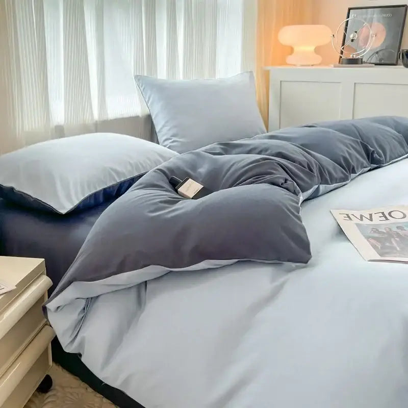 Navy and gray solid color brush fabric duvet cover set bedroom