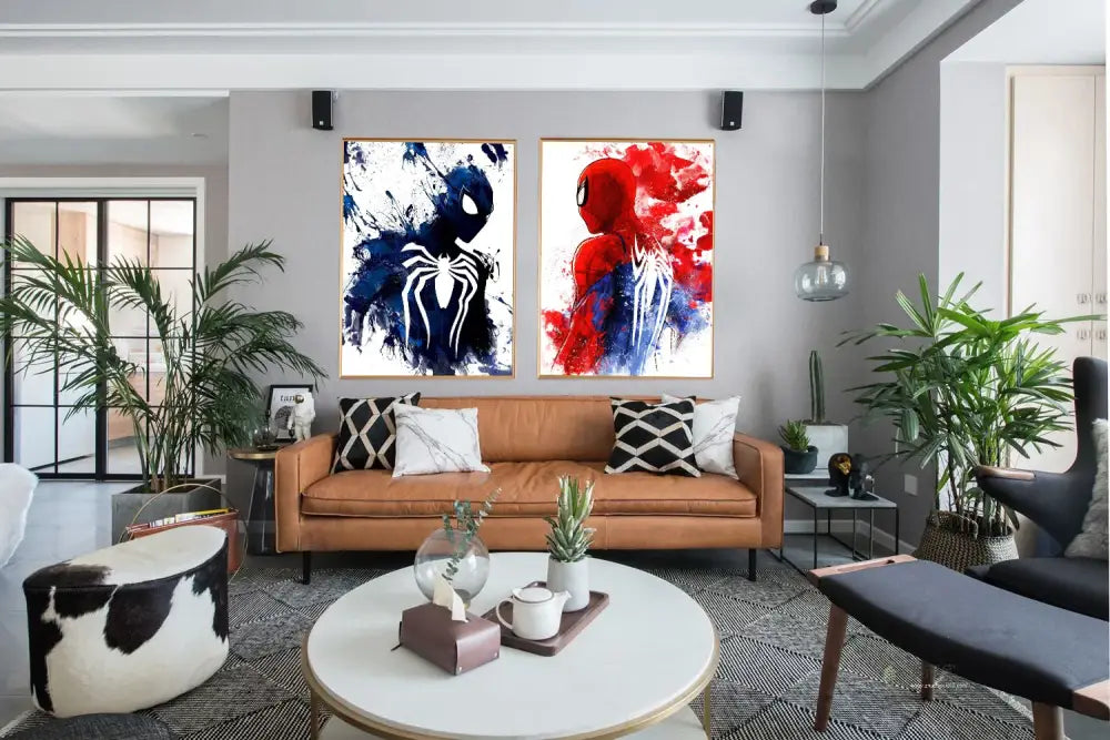 Spiderman watercolor canvas set red & blue bedroom wall art