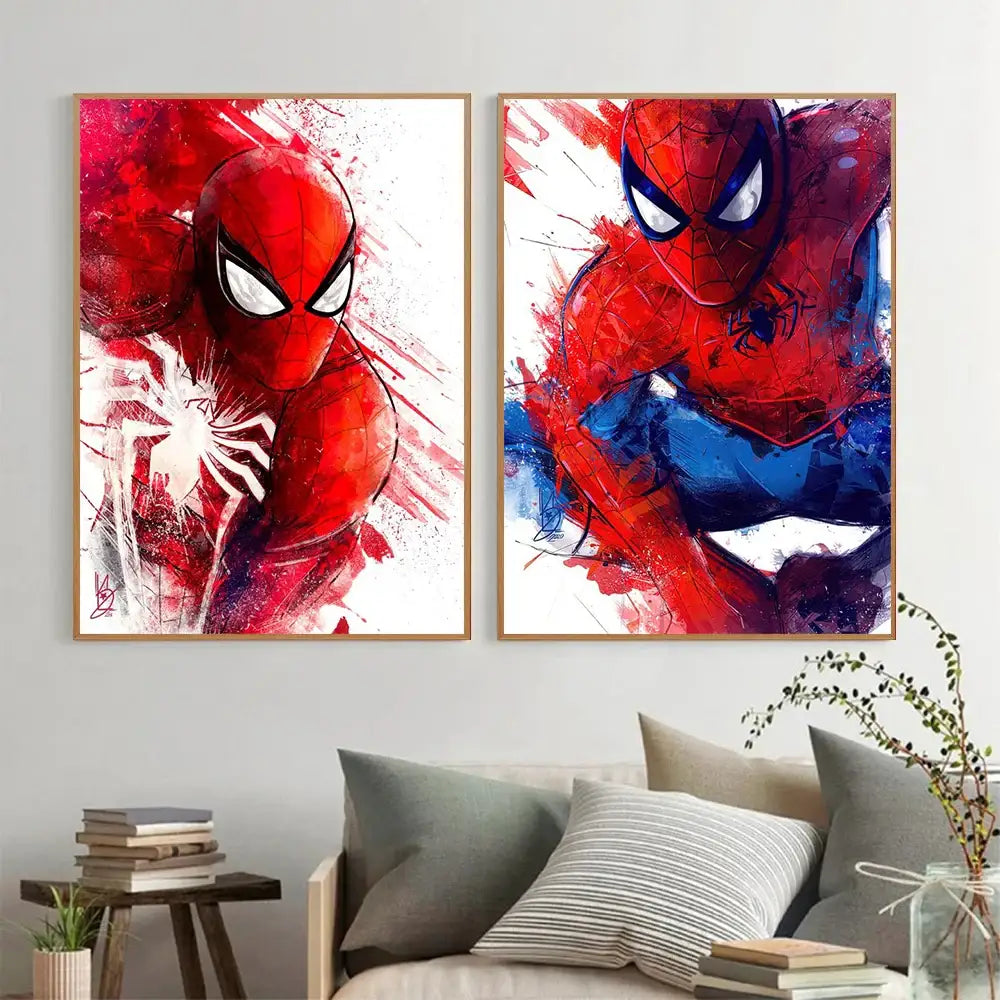 Spiderman watercolor canvas set red & blue bedroom wall art