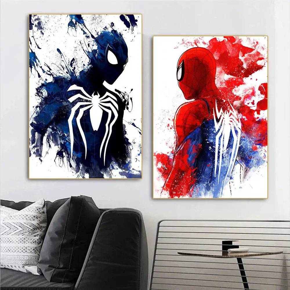 Spiderman watercolor canvas set red & blue bedroom wall art