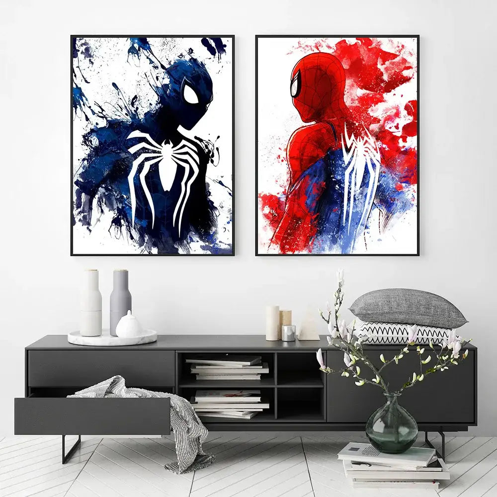 Spiderman watercolor canvas set red & blue bedroom wall art