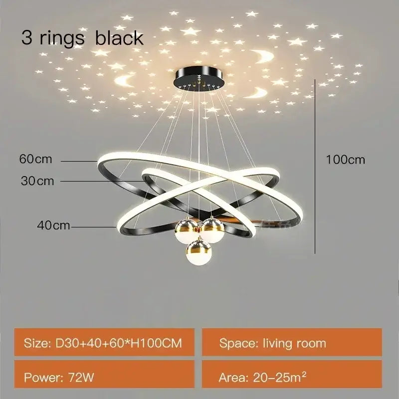 Modern black & gold starry sky led chandelier living room ring light