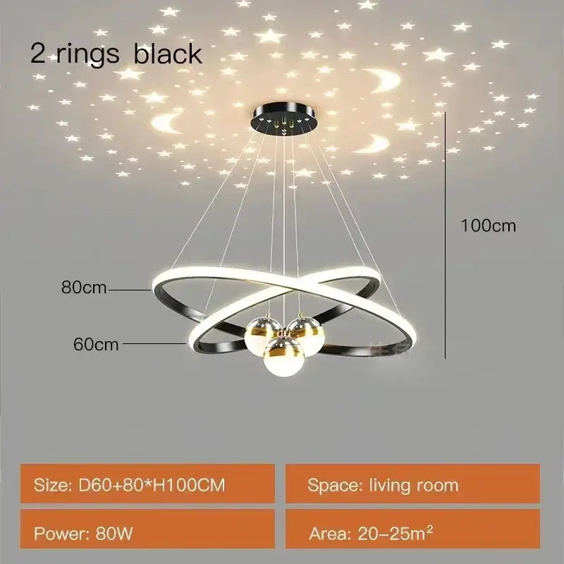 Modern black & gold starry sky led chandelier living room ring light