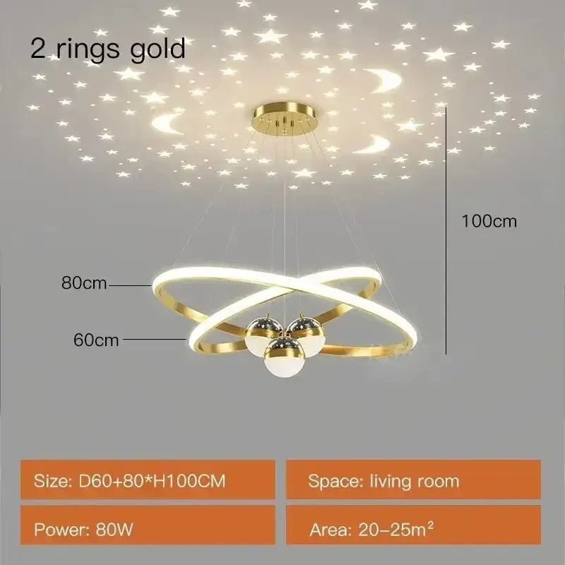 Modern black & gold starry sky led chandelier living room ring light
