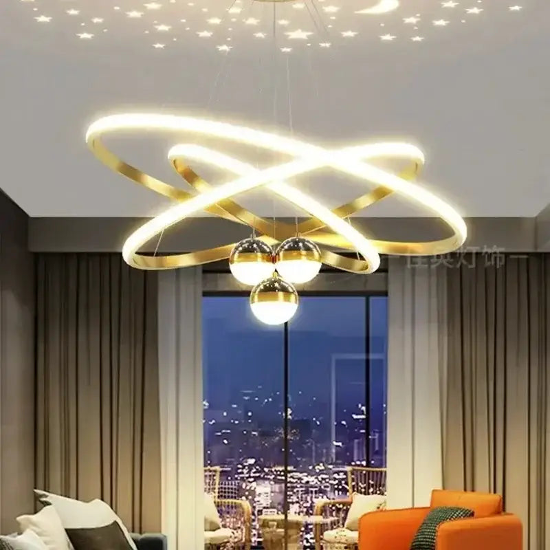 Modern black & gold starry sky led chandelier living room ring light