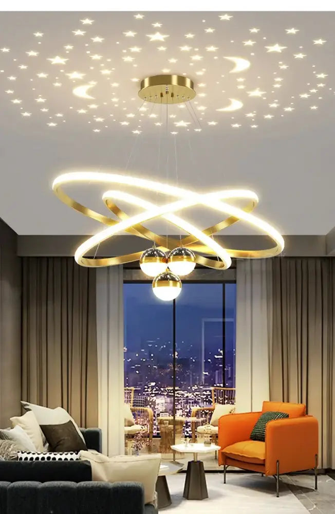 Modern black & gold starry sky led chandelier living room ring light