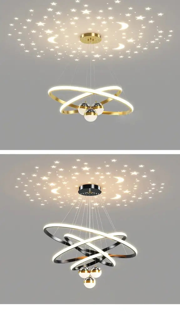 Modern black & gold starry sky led chandelier living room ring light