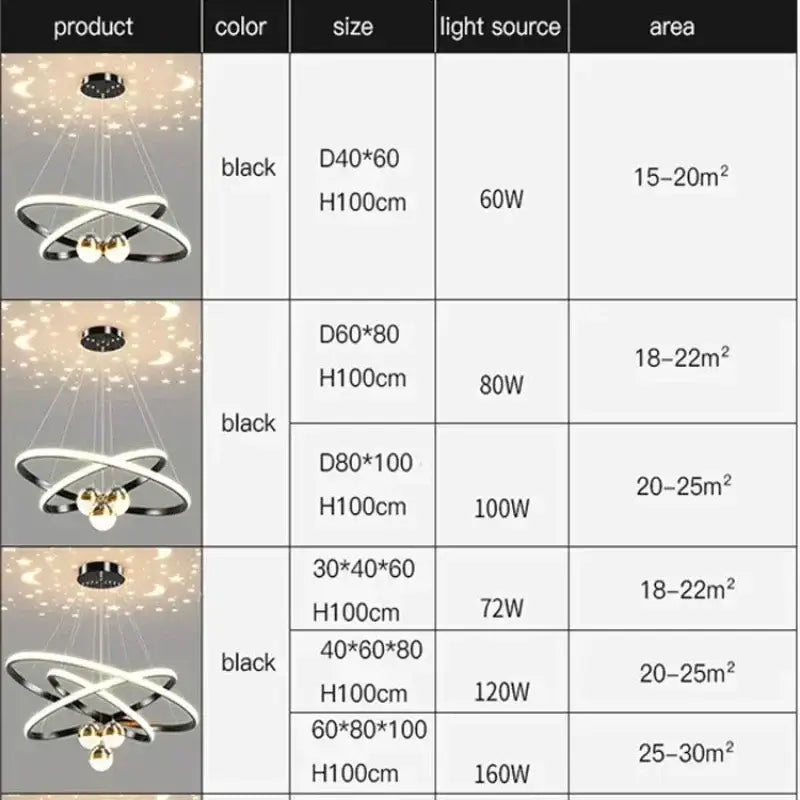 Modern black & gold starry sky led chandelier living room ring light