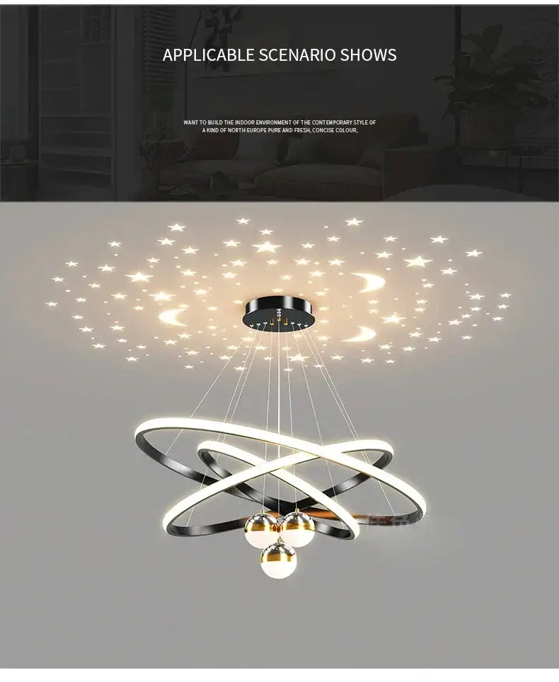 Modern black & gold starry sky led chandelier living room ring light