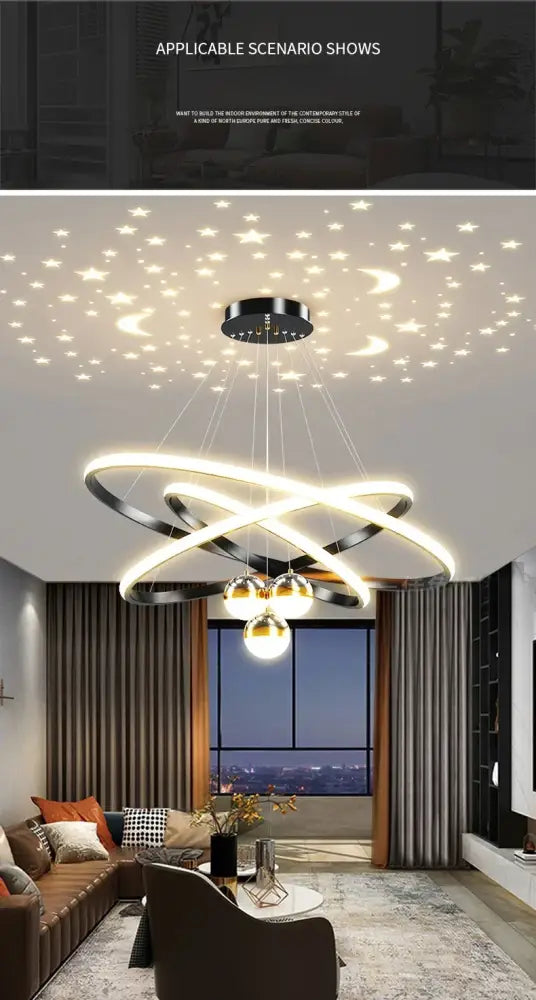 Modern black & gold starry sky led chandelier living room ring light