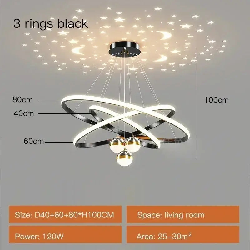 Modern black & gold starry sky led chandelier living room ring light