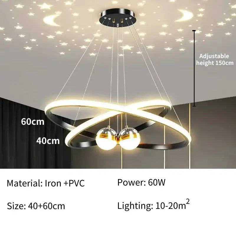 Modern black & gold starry sky led chandelier living room ring light