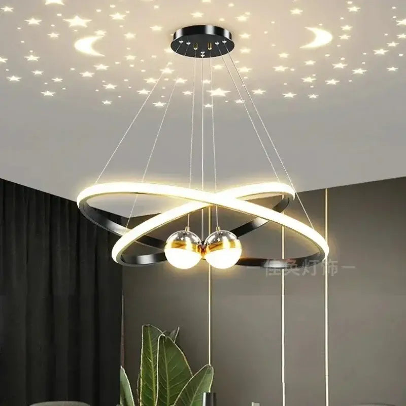Modern black & gold starry sky led chandelier living room ring light