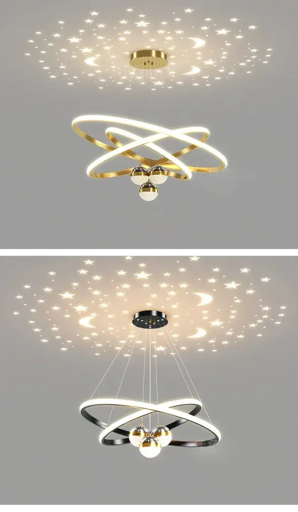 Modern black & gold starry sky led chandelier living room ring light