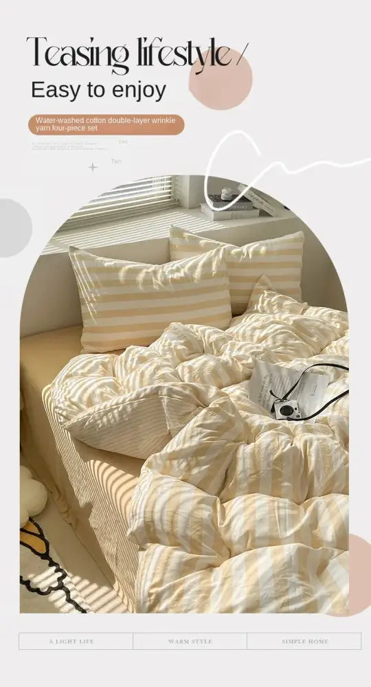 Striped cream & beige quilted quilt set with bed sheet bedroom