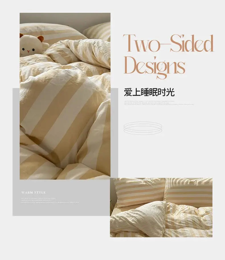 Striped cream & beige quilted quilt set with bed sheet bedroom