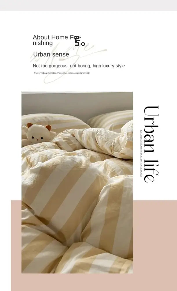 Striped cream & beige quilted quilt set with bed sheet bedroom
