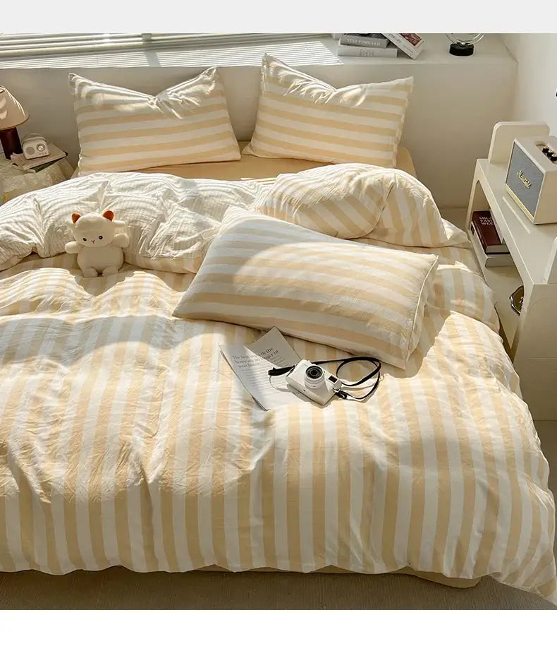 Striped cream & beige quilted quilt set with bed sheet bedroom