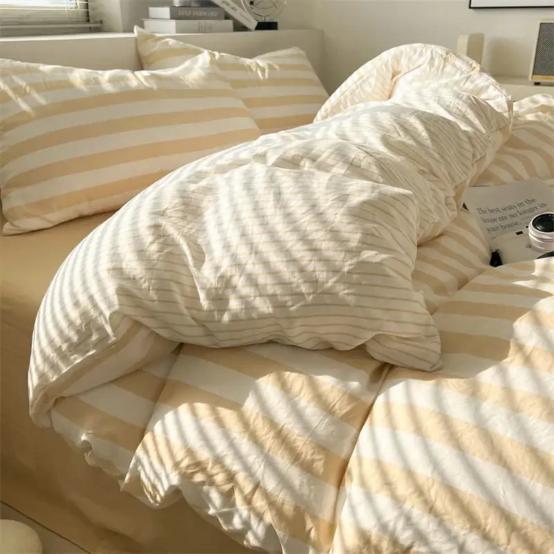 Striped cream & beige quilted quilt set with bed sheet bedroom