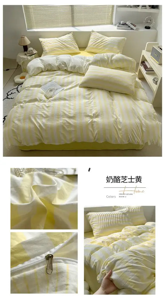 Striped cream & beige quilted quilt set with bed sheet bedroom