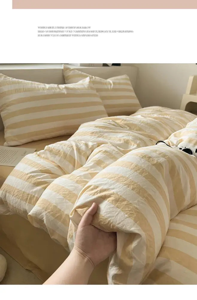 Striped cream & beige quilted quilt set with bed sheet bedroom