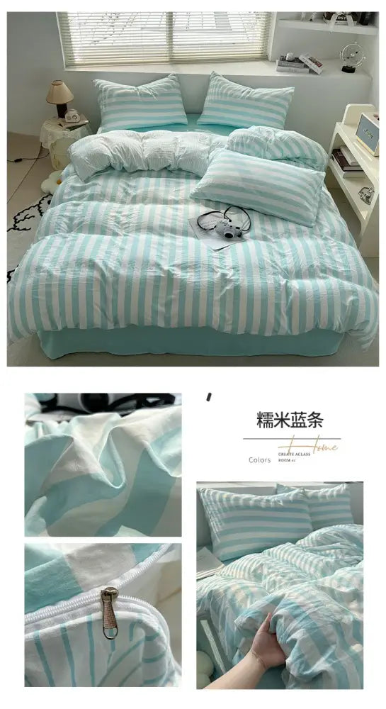 Striped cream & beige quilted quilt set with bed sheet bedroom