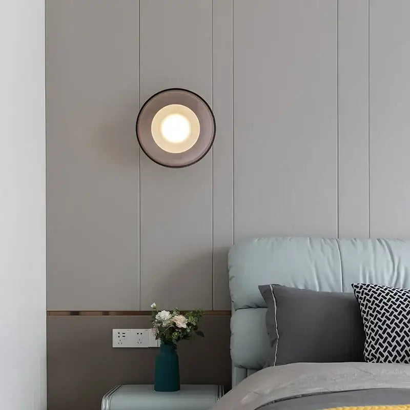 Modern circular gray glass led wall lamp bedroom sconces
