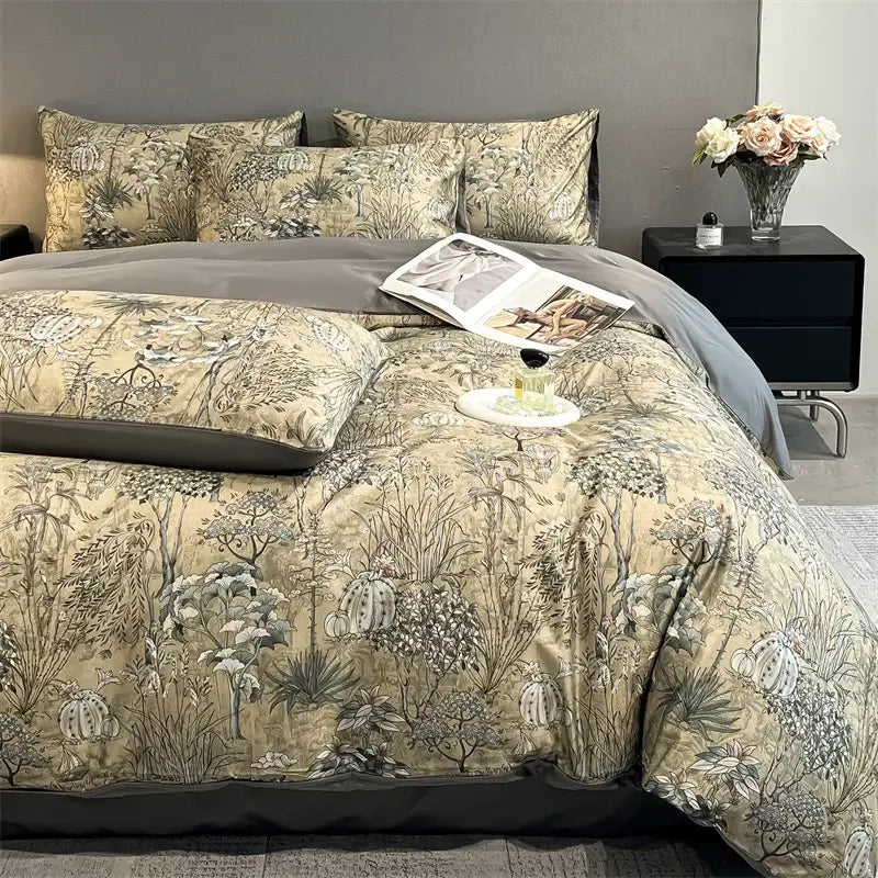Pastel floral satin silk duvet cover set bedroom bedding
