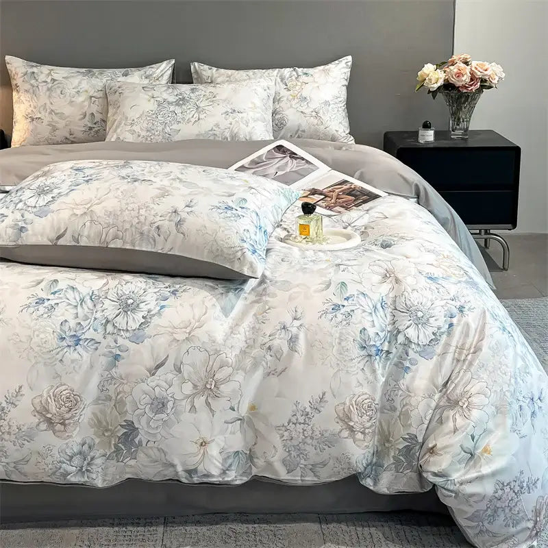 Pastel floral satin silk duvet cover set bedroom bedding