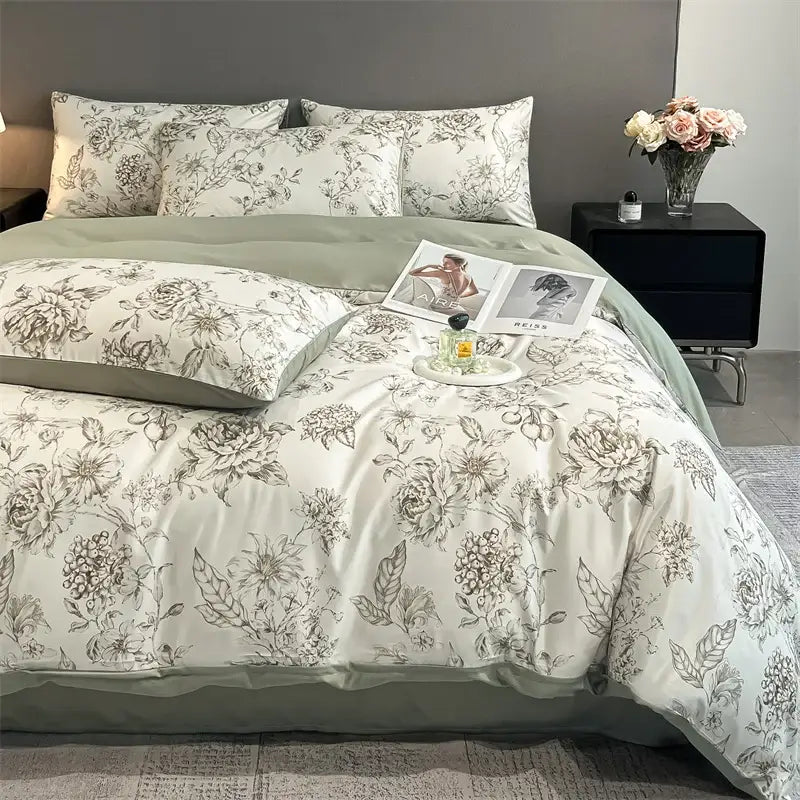 Pastel floral satin silk duvet cover set bedroom bedding