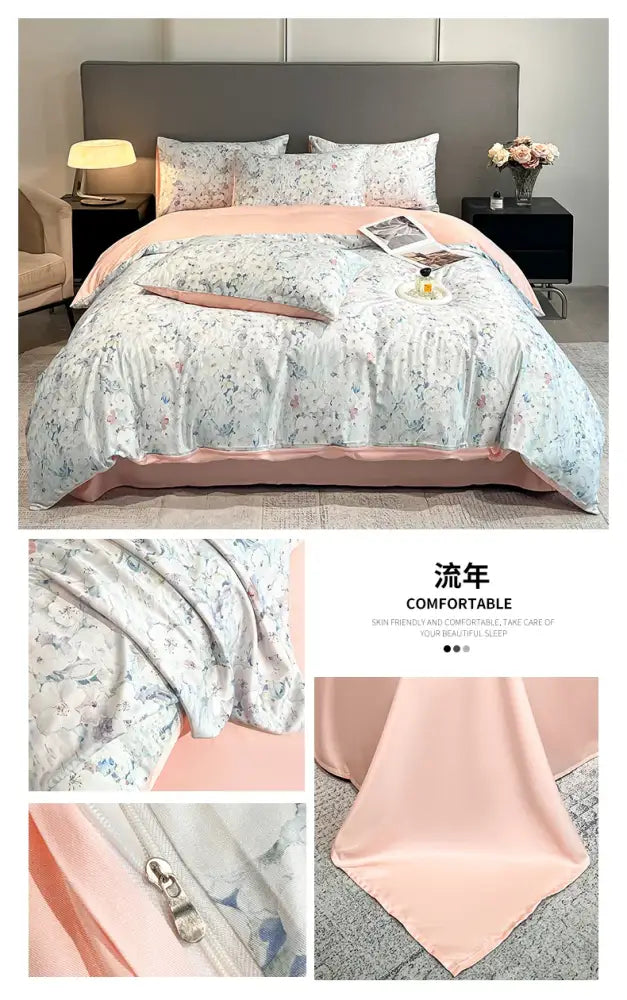 Pastel floral satin silk duvet cover set bedroom bedding