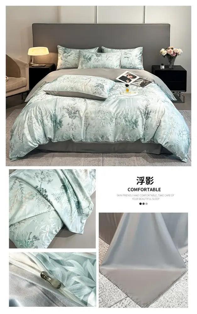 Pastel floral satin silk duvet cover set bedroom bedding