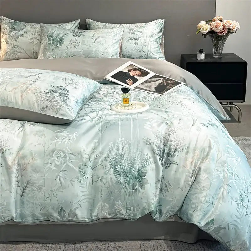 Pastel floral satin silk duvet cover set bedroom bedding