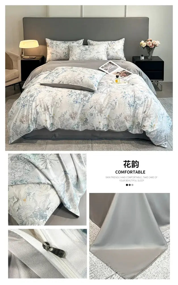 Pastel floral satin silk duvet cover set bedroom bedding